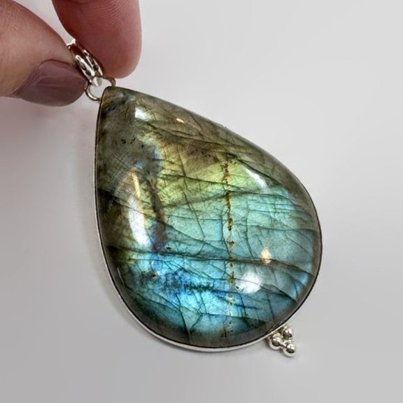 Labradorite Pendant, Sterling Silver, Large Stone, Handcrafted, 3" Long, Blue - Picture 4 of 6